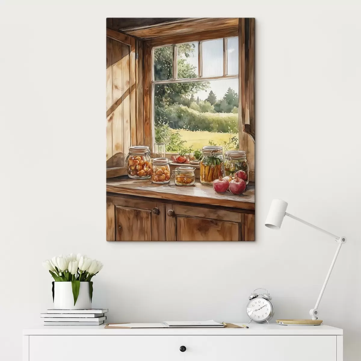 Glezna Ciemata estētika, koka māja, vasaras daba, dārzeņi, akvareļu stils s43185