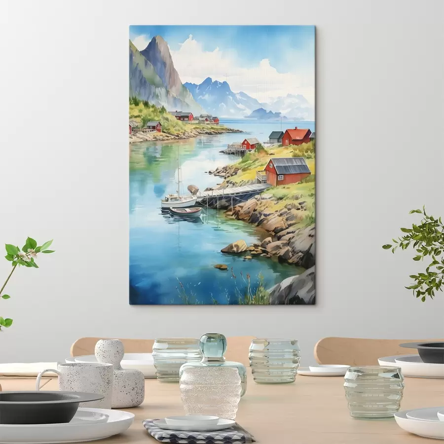 Glezna Lofotu salu vasaras ainava, sarkanās mājas, kalni, laivas s43187