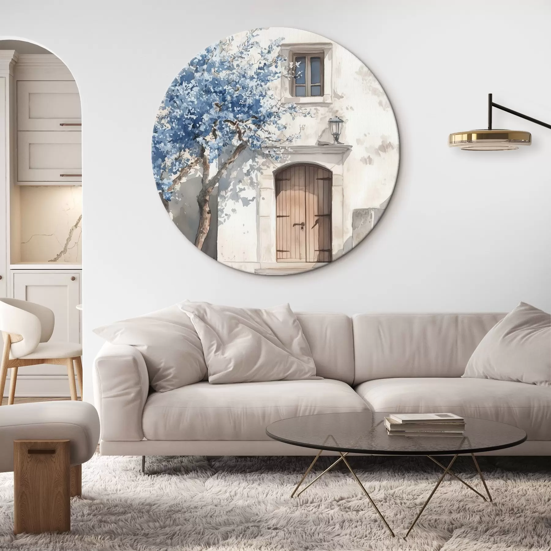 Glezna Grieķu māja ar skaistu koku, arhitektūra, akvareļu stils r43178