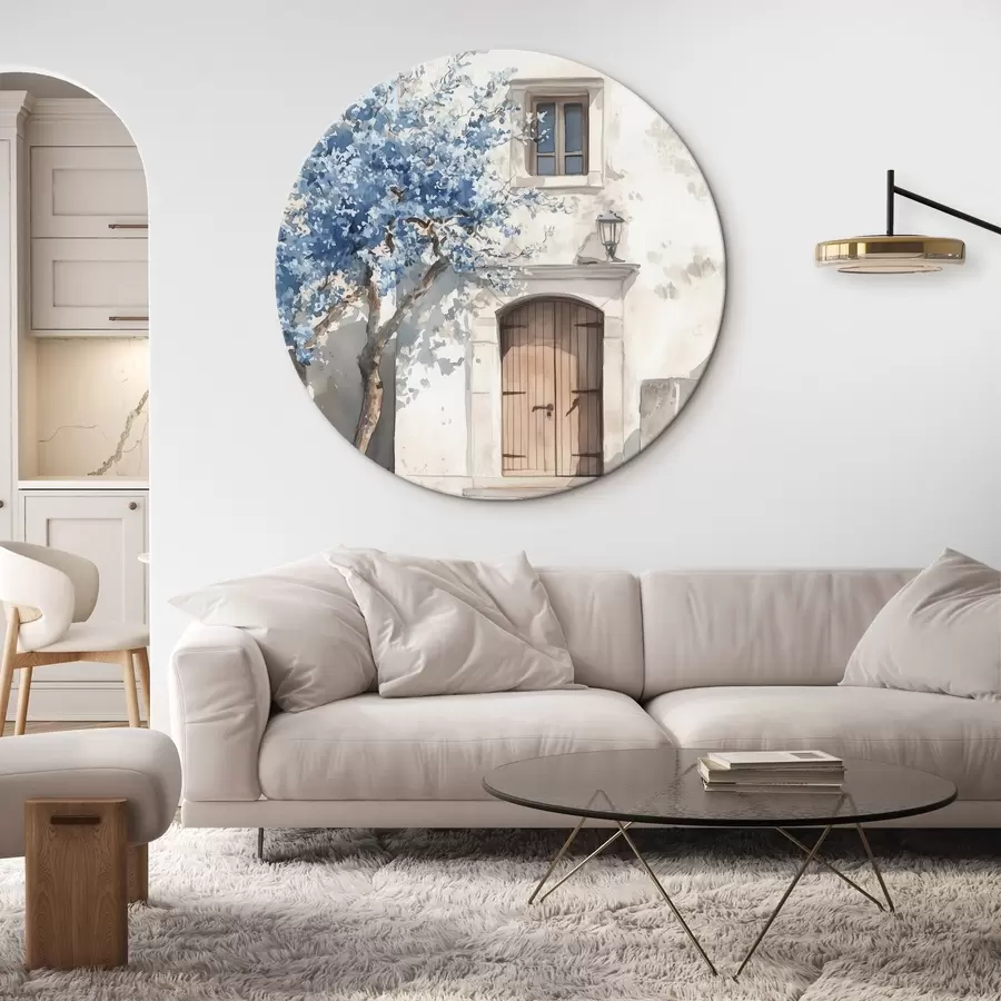 Glezna Grieķu māja ar skaistu koku, arhitektūra, akvareļu stils r43178