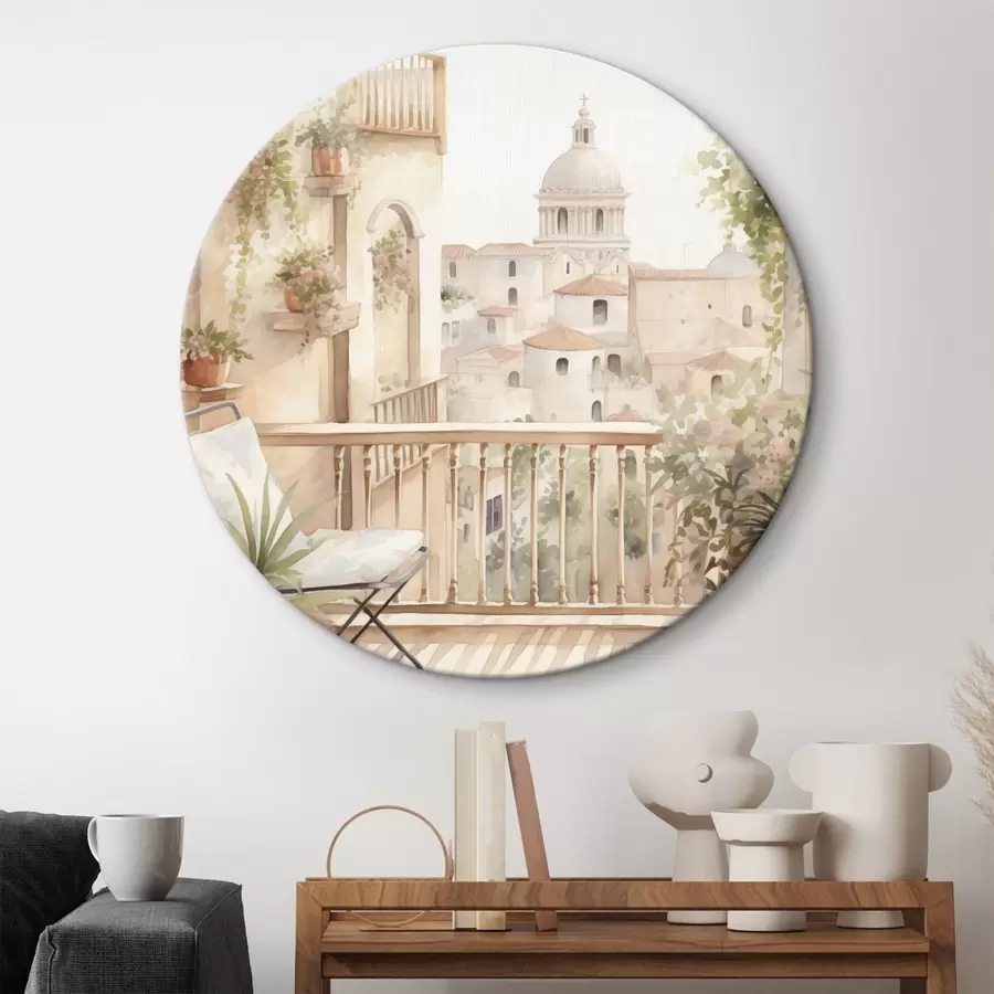 Glezna Estētisks vasaras balkons, Spānija, vecā arhitektūra, blomming, akvareļu stils r43180