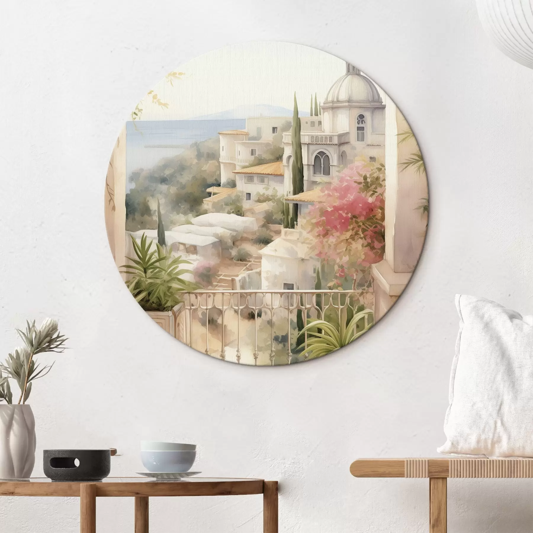 Glezna Spānijas vasaras ainava, Vidusjūras arhitektūra, akvareļu stils r43181