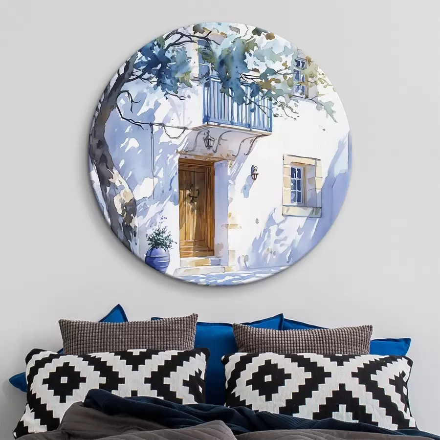 Glezna Akvareļu stils, grieķu māja, ziedošs koks, arhitektūra r43182