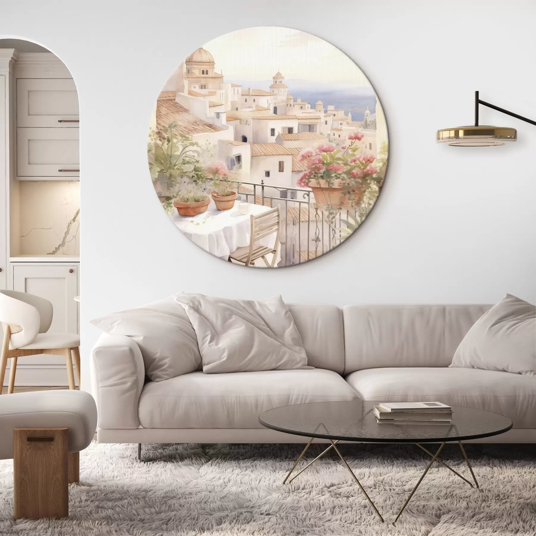 Glezna Saulriets uz balkona, Itālija, arhitektūra, ziedošas puķes, akvareļu stilā r43184