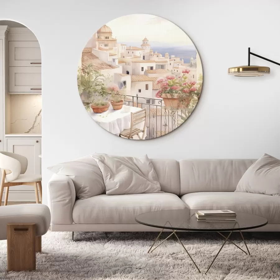 Glezna Saulriets uz balkona, Itālija, arhitektūra, ziedošas puķes, akvareļu stilā r43184