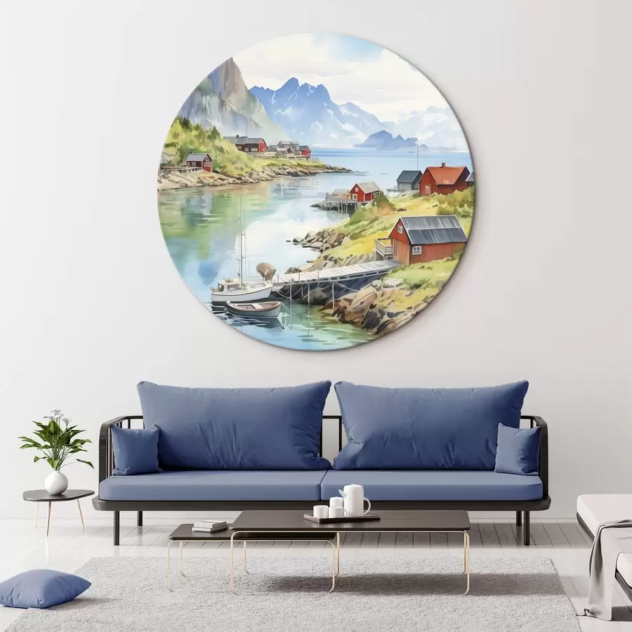 Glezna Lofotu salu vasaras ainava, sarkanās mājas, kalni, laivas r43187