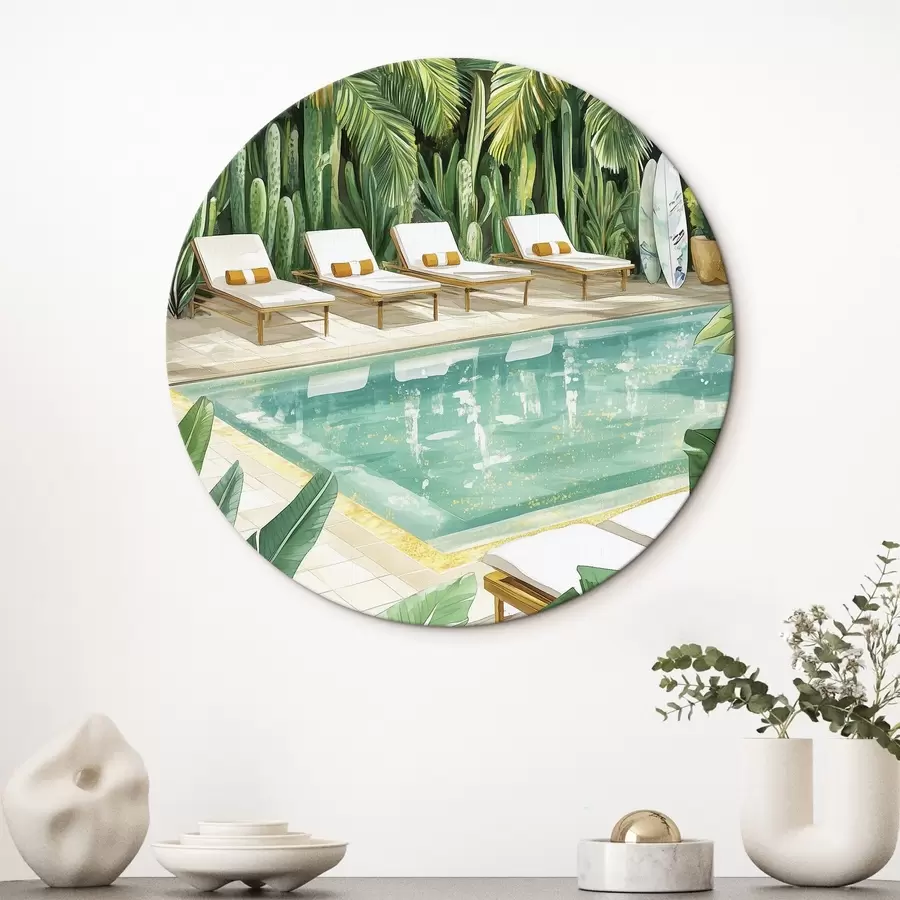 Glezna Tropu daba, dārzs, vasaras baseins, sērfošana, akvareļu stils r43190