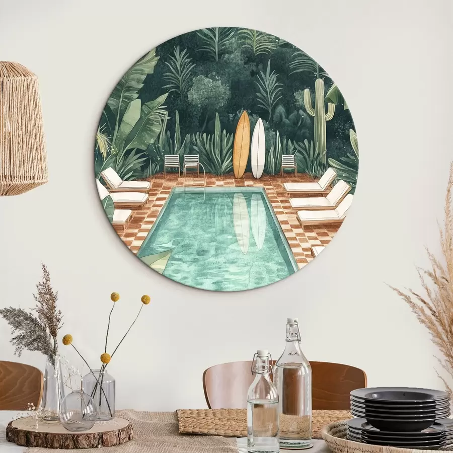 Fototapetes Vintage vasaras baseins, tropu mežs, zaļumi, palmas, akvareļu stilā r43191