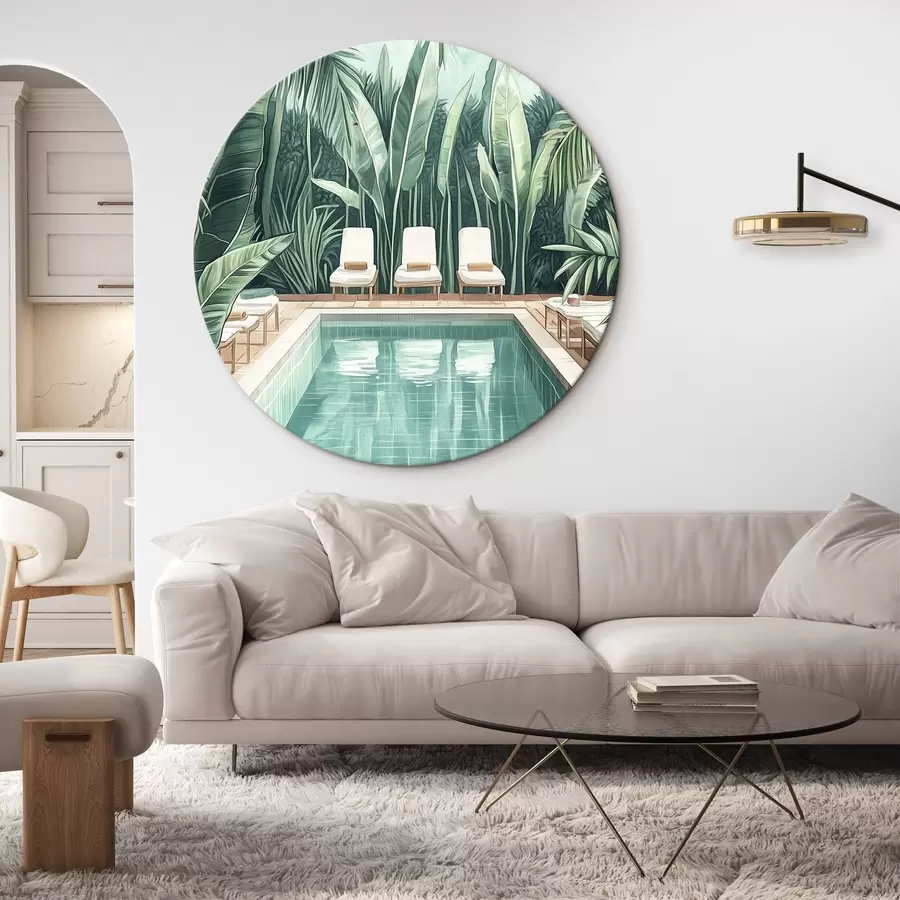 Glezna Estētisks vasaras baseins tropu dārzā, akvareļu stilā r43192