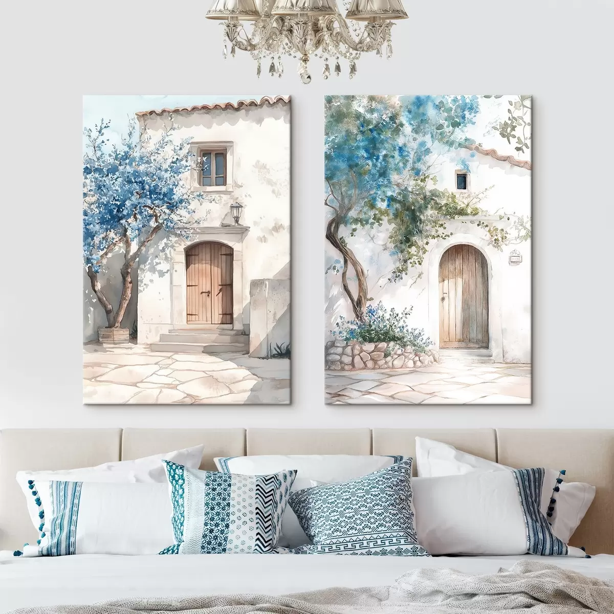 Glezna Grieķu baltās mājas ar ziedošiem kokiem, Vidusjūras, akvareļu stila zīmējums m00419