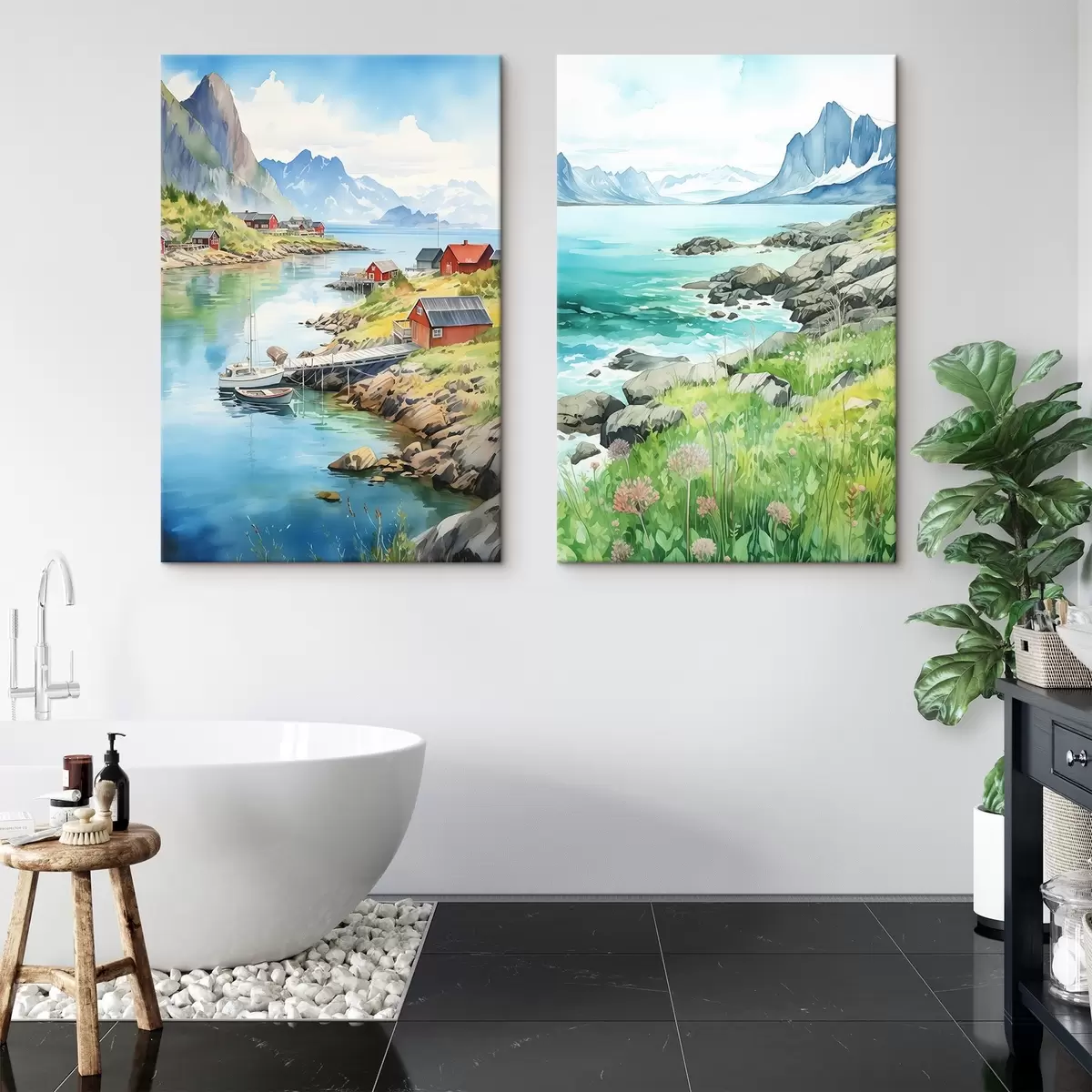 Glezna Norvēģija daba, Lofotu salas, vasaras ainava, sarkanās mājas, kalni, laivas m00421