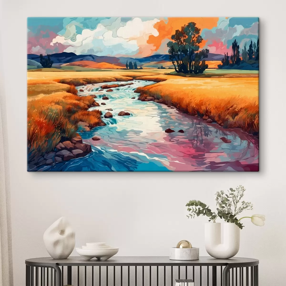 Glezna Straume uz lauka akvareļglezniecības stilā s43110