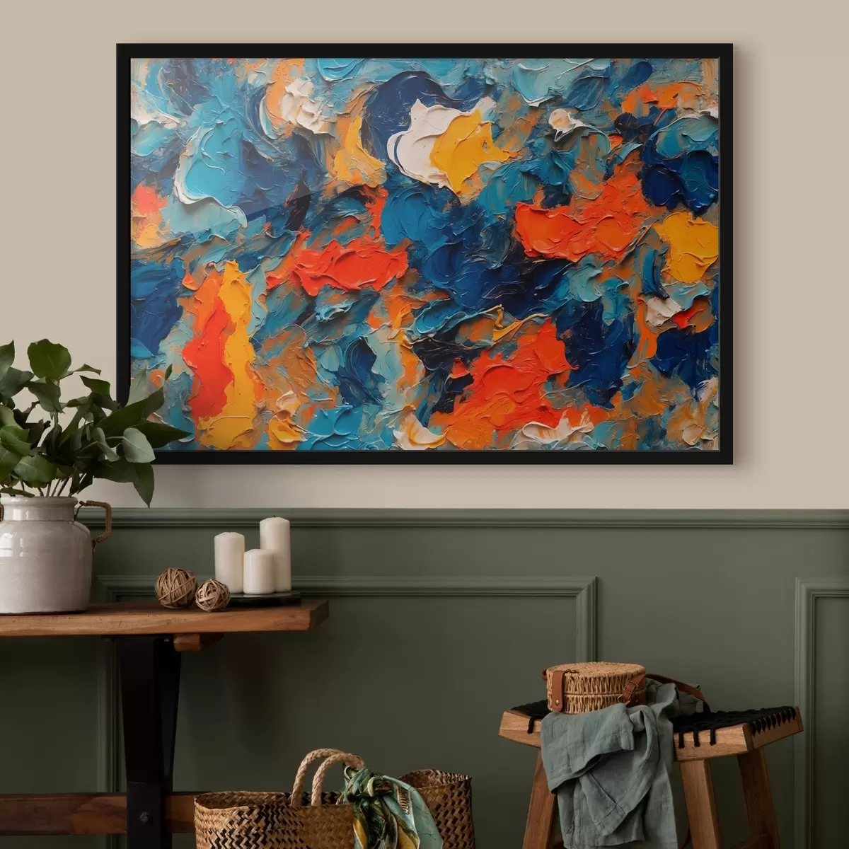 Plakāts Abstraktā glezniecība eļļas glezna stilā ar baltu, zilu un sarkanu krāsu f43093