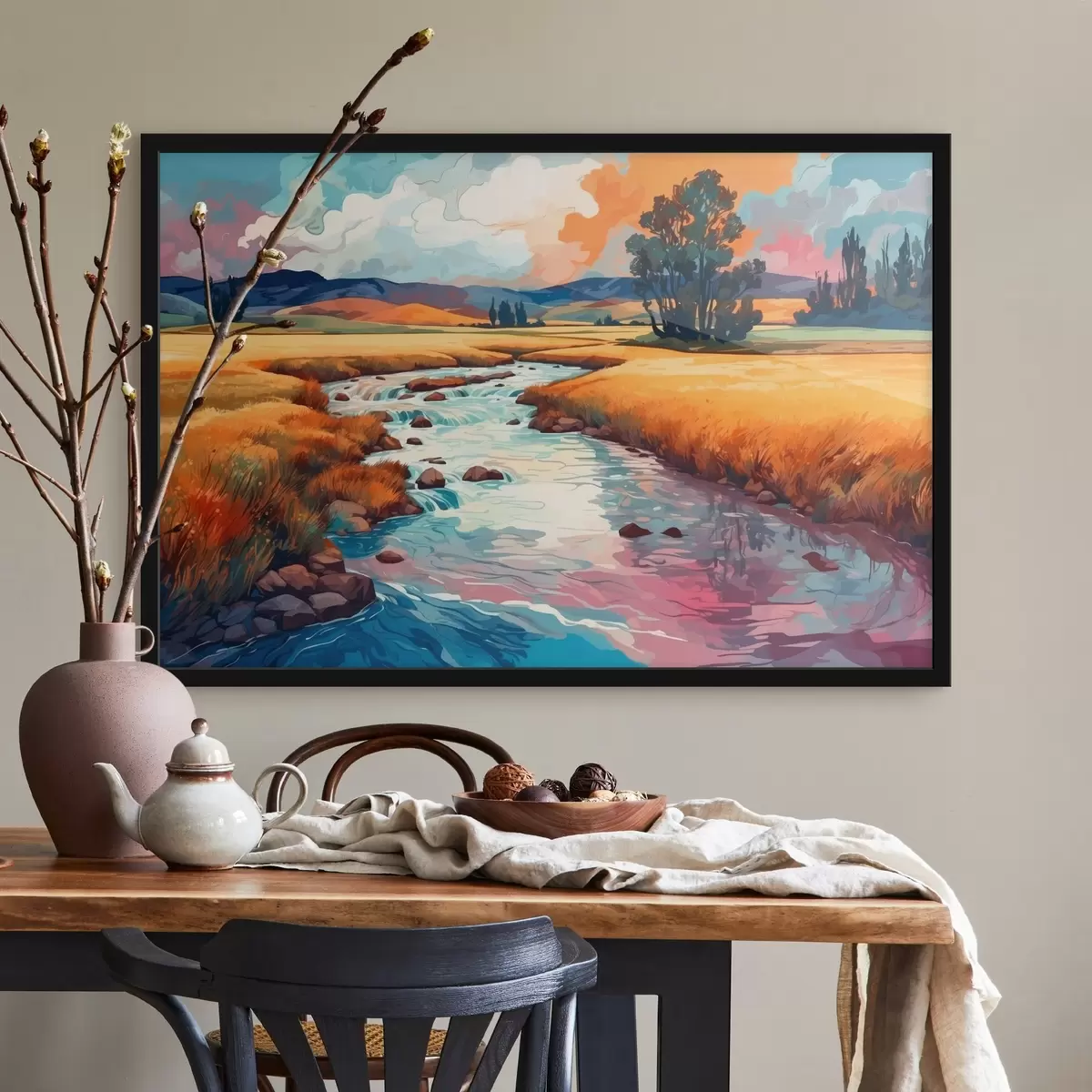 Plakāts Straume uz lauka akvareļglezniecības stilā f43110