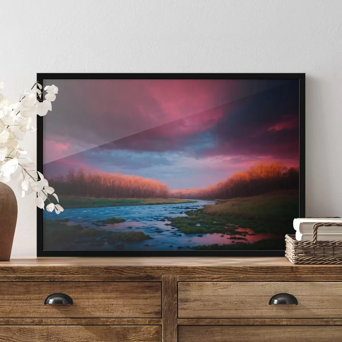 Plakāts Straume uz lauka uz fona violetas debesis f43120