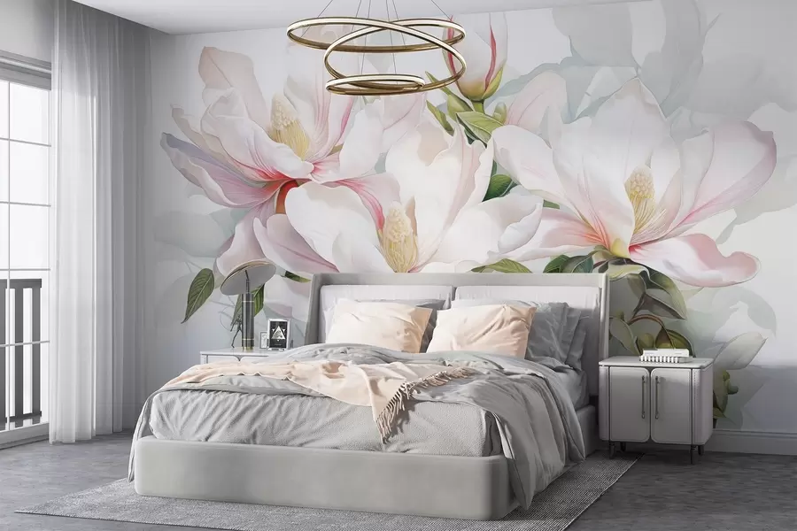 Fototapetes Magnolijas ziedi ar baltiem un rozā ziedlapiņām, lapām un brūniem zariem, mīksts un maigs akvareļu stils w08885