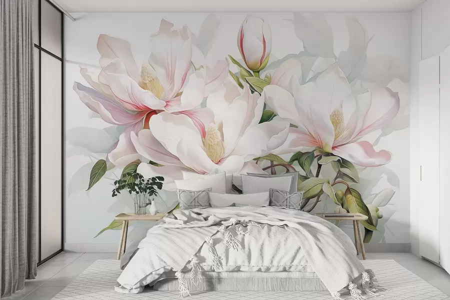 Fototapetes Magnolijas ziedi ar baltiem un rozā ziedlapiņām, lapām un brūniem zariem, mīksts un maigs akvareļu stils w08885