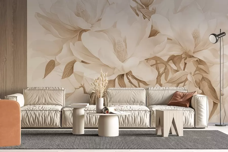 Fototapetes Magnolijas ziedi ar baltiem un smilškrāsas ziedlapiņām, lapām un brūniem zariem, mīksts un maigs akvareļu stils w08886