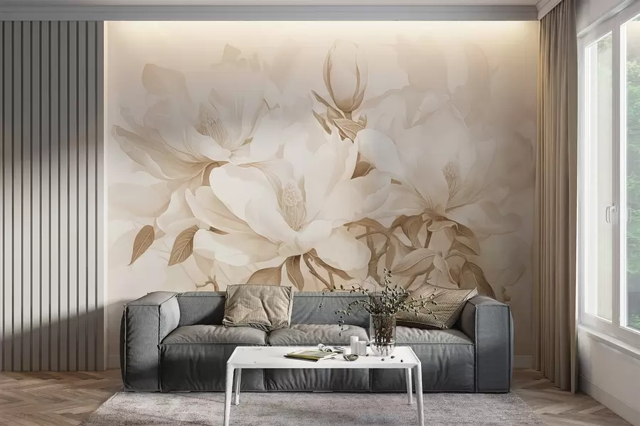 Fototapetes Magnolijas ziedi ar baltiem un smilškrāsas ziedlapiņām, lapām un brūniem zariem, mīksts un maigs akvareļu stils w08886