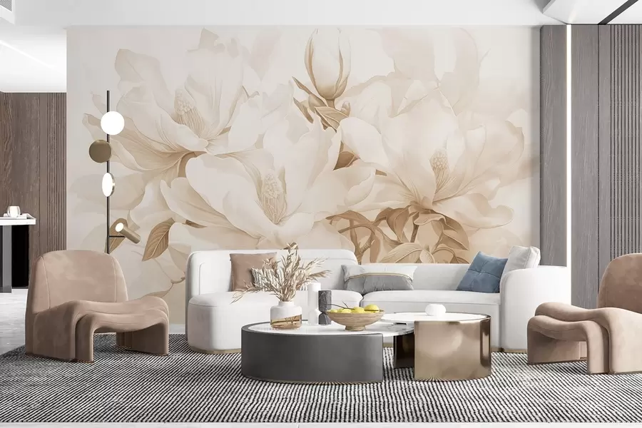Fototapetes Magnolijas ziedi ar baltiem un smilškrāsas ziedlapiņām, lapām un brūniem zariem, mīksts un maigs akvareļu stils w08886