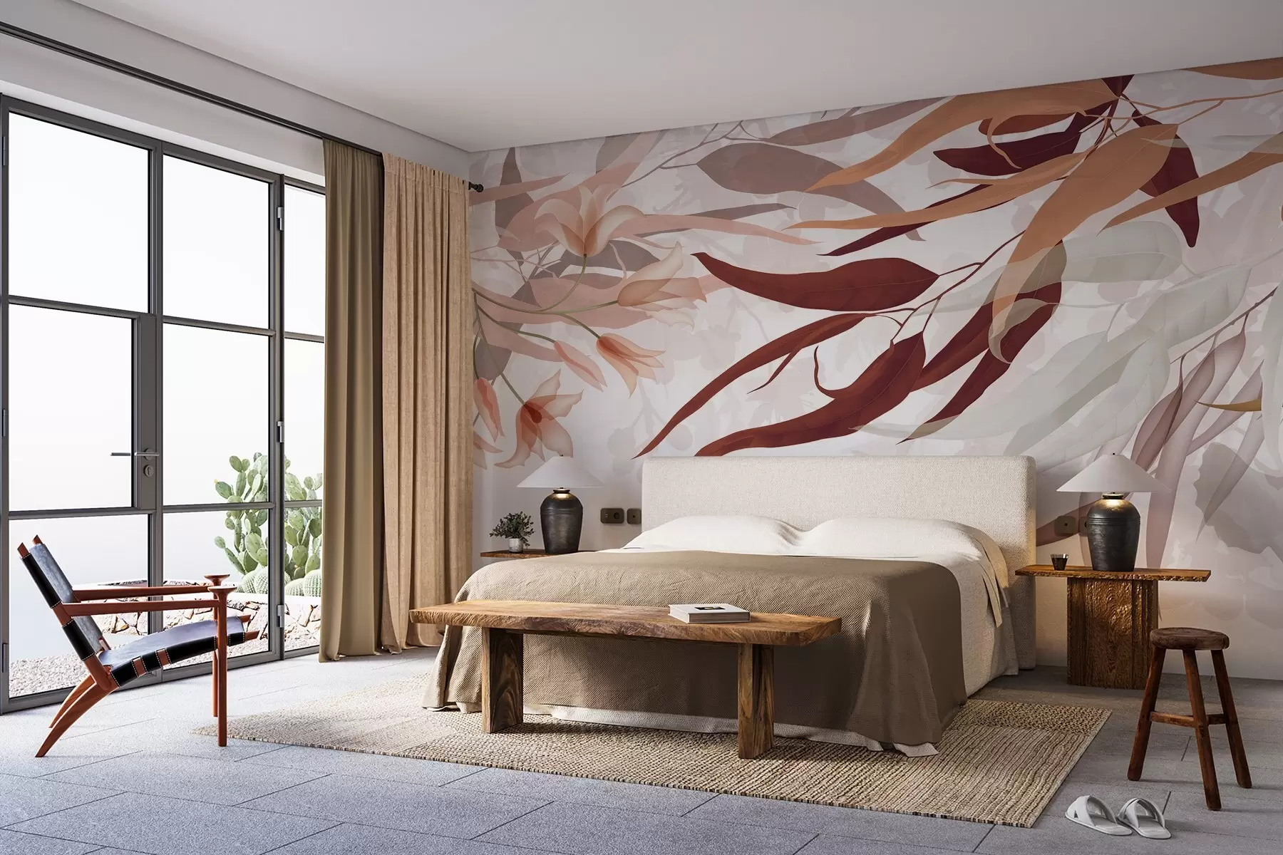 Fototapetes Eikalipta lapas bordo, smilškrāsas un baltā tonī ar maigiem ziediem un zariem uz balta fona w08887