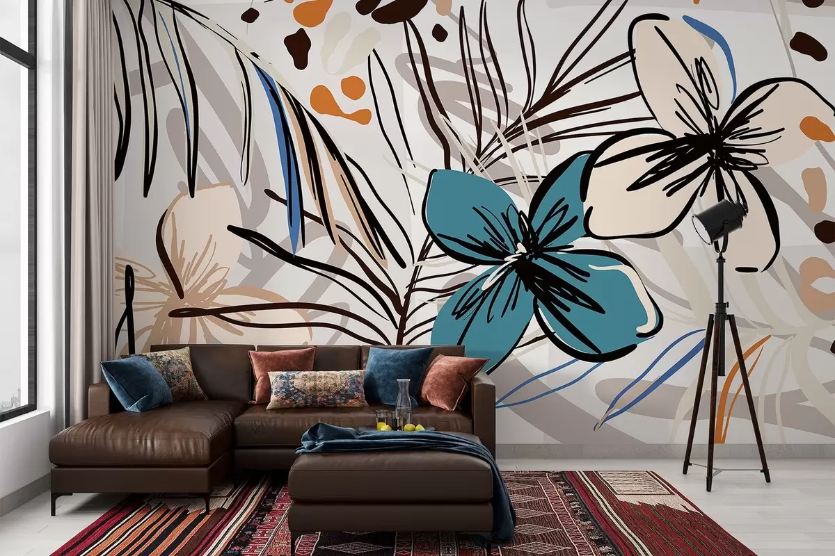 Fototapetes Mūsdienīga abstrakta apdruka ar tropu palmu lapām, ziliem un bēšiem ziediem, melnām līnijām, gaišu fonu w08889