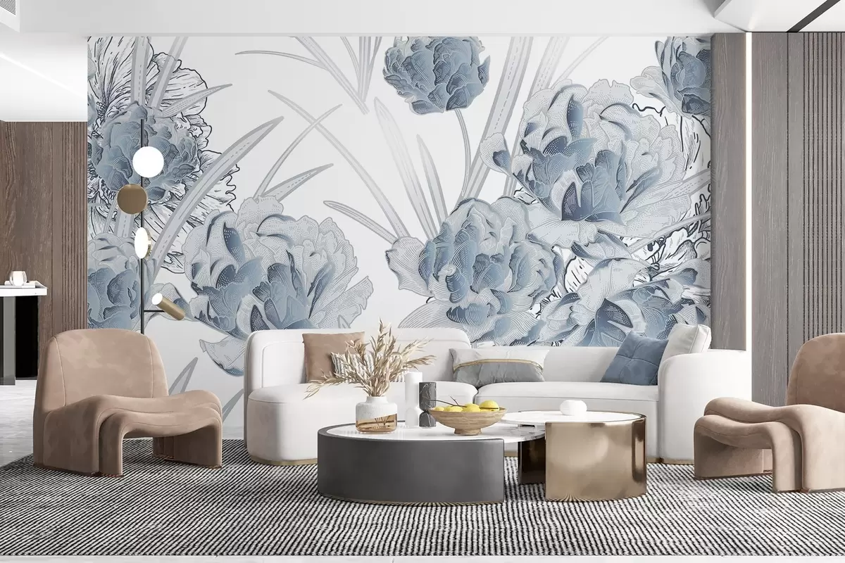 Fototapetes Zilas peonijas ar lapām uz balta fona, ziedu dizains, botāniska ilustrācija  w08896