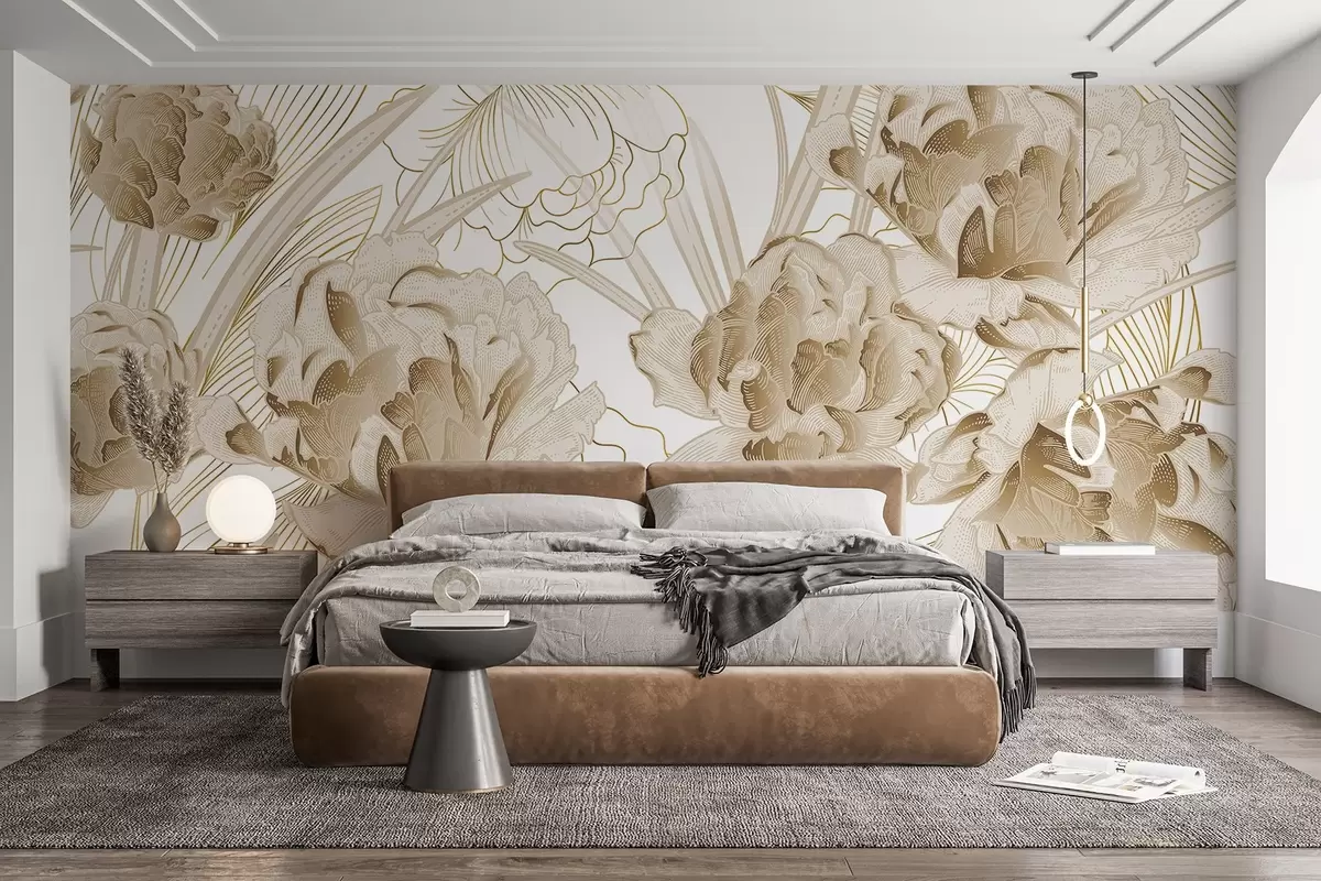 Fototapetes Bēšas peonijas ar lapām uz balta fona, ziedu dizains, botāniska ilustrācija  w08897