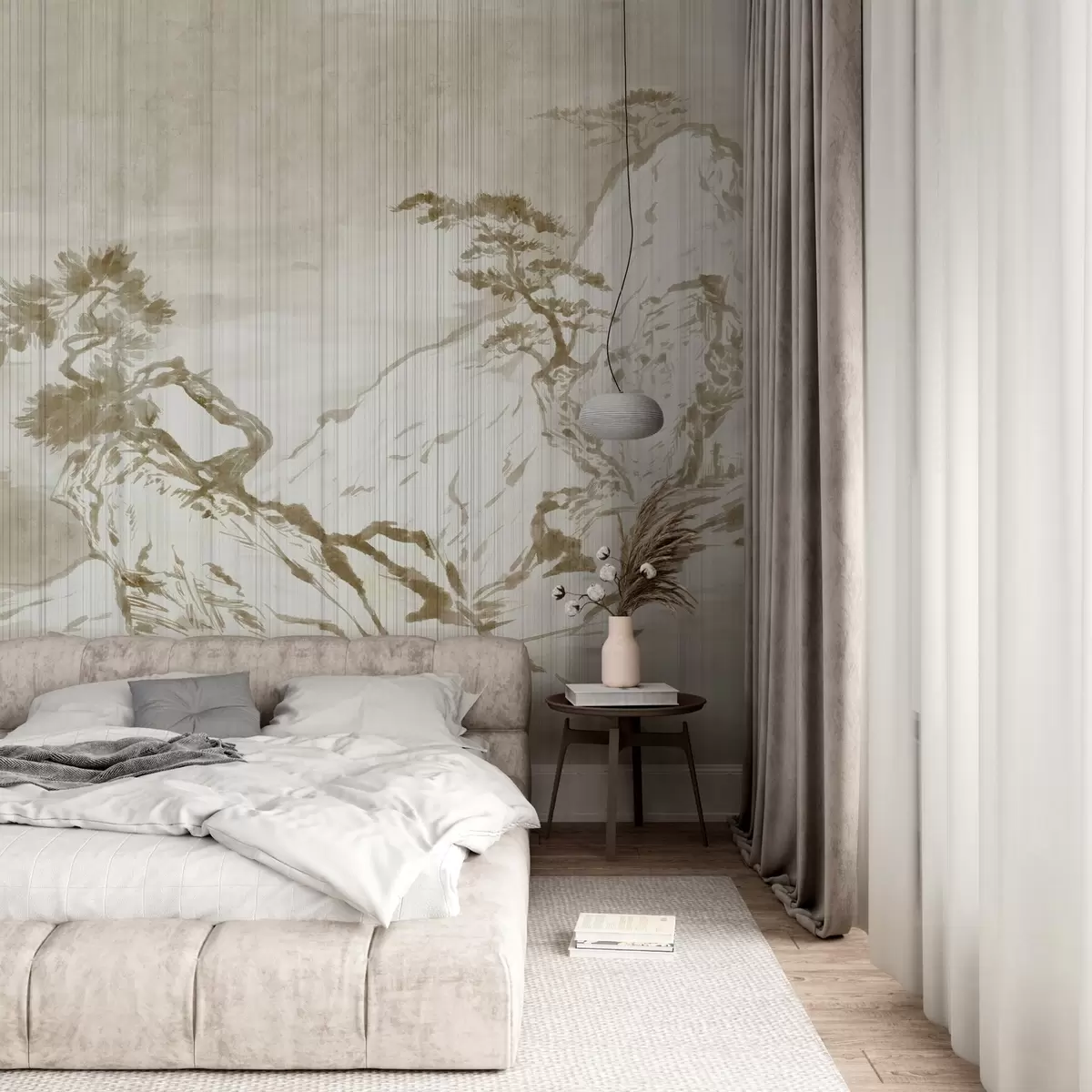 Fototapetes Tradicionālā ķīniešu melnbaltā ainavas ilustrācija ar kalniem, kokiem un miglu w03379