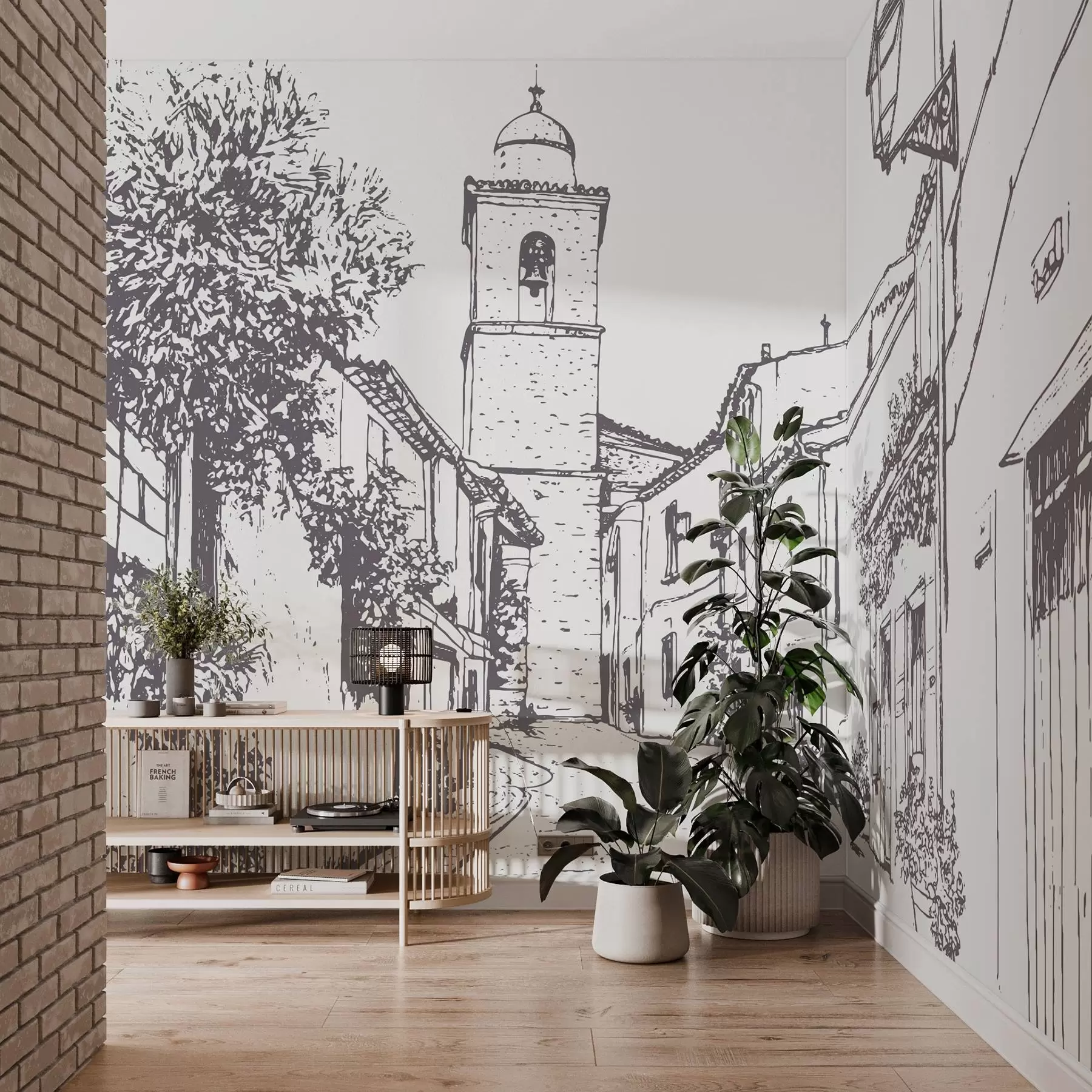 Fototapetes Pilsētas iela, skaista arhitektūra, ēkas, Vidusjūras, līnijzīmējums, bēša krāsa w03345v1