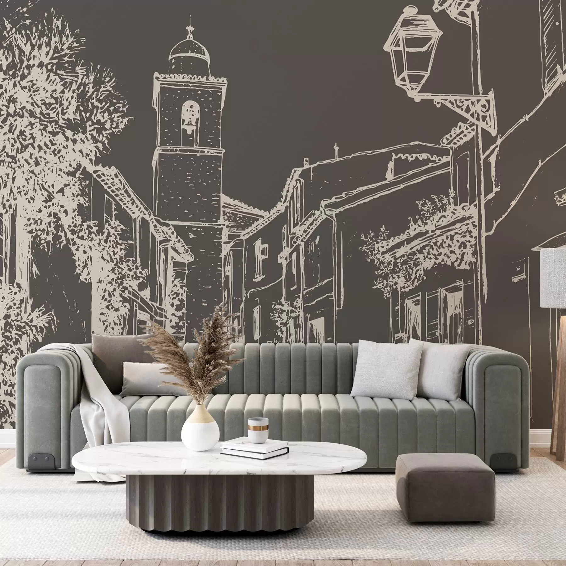 Fototapetes Pilsētas iela, skaista arhitektūra, ēkas, Vidusjūras, zīmējums, tumša krāsa w03345v2