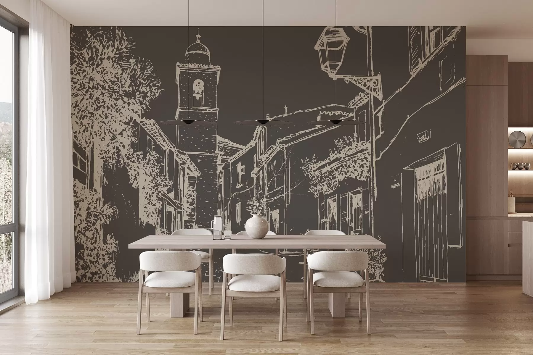 Fototapetes Pilsētas iela, skaista arhitektūra, ēkas, Vidusjūras, zīmējums, tumša krāsa w03345v2