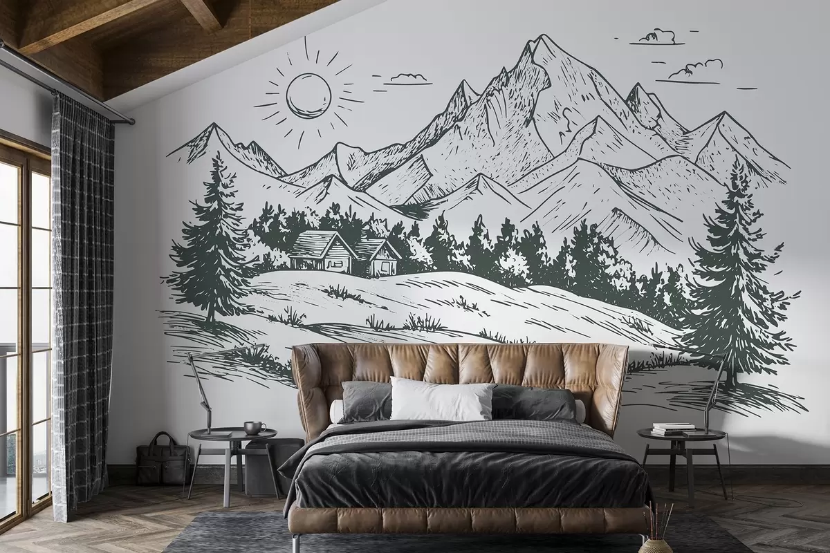 Fototapetes Kalnu zīmējums, dabas ainavas, mežs, koka mājas, zaļā krāsa w03347