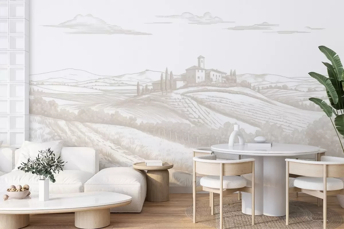 Fototapetes Toskānas ainavas, Itālija, vīna dārzi, daba, veca pils, bēšas krāsas w03349