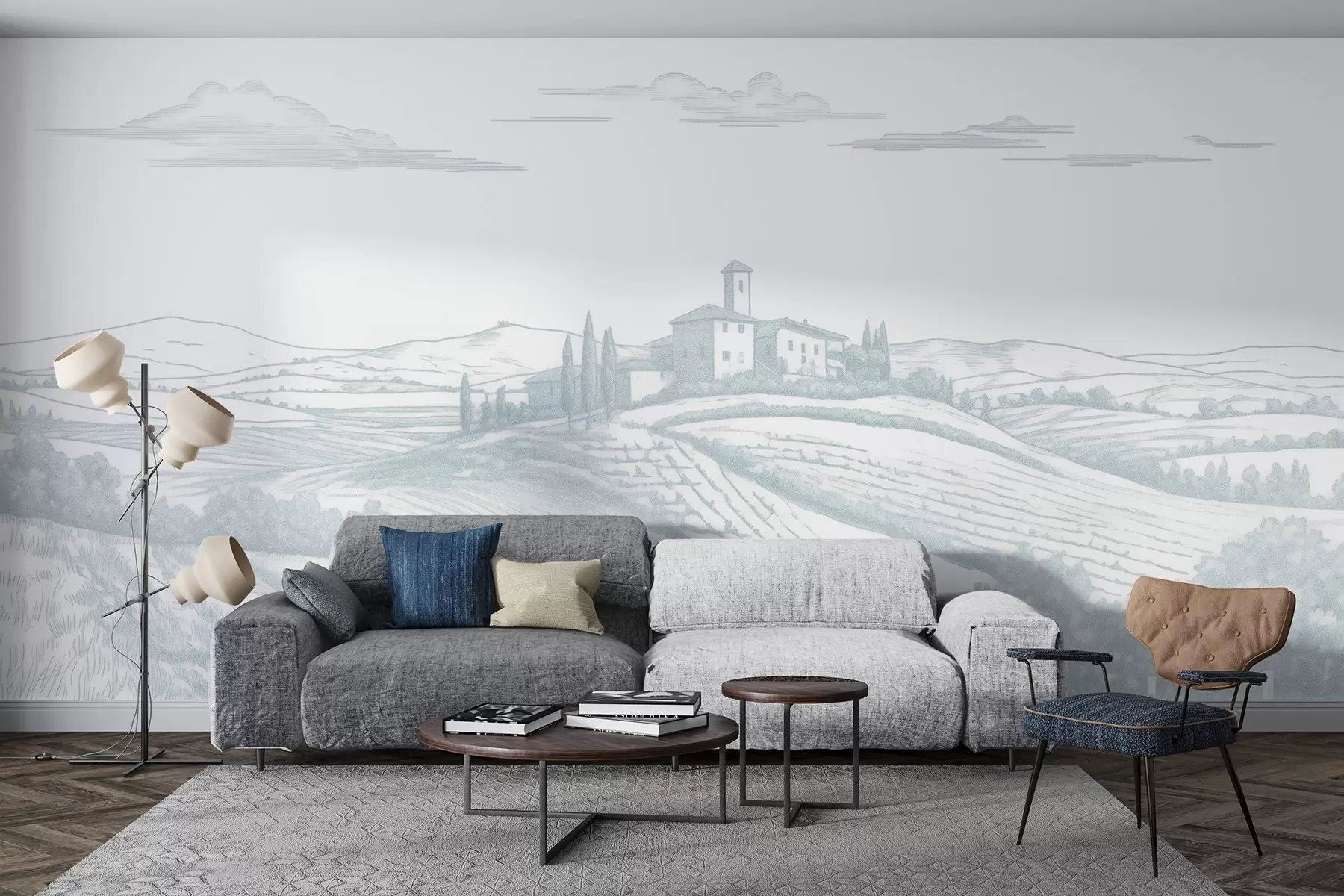 Fototapetes Toskānas ainavas, Itālija, vīna dārzi, daba, veca pils, zilas krāsas w03349v1