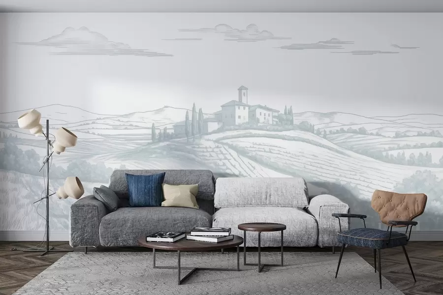 Fototapetes Toskānas ainavas, Itālija, vīna dārzi, daba, veca pils, zilas krāsas w03349v1