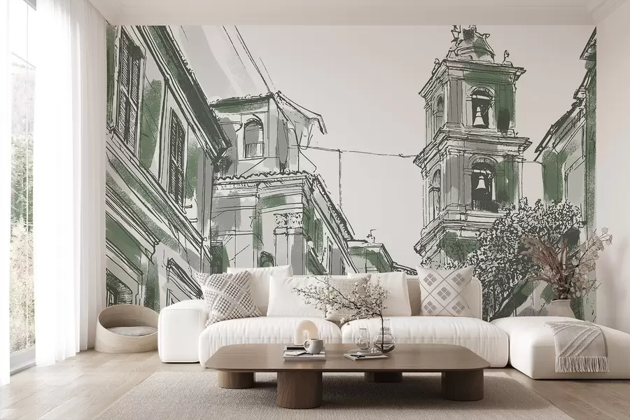 Fototapetes Vidusjūras pilsētas iela, kapela, arhitektūra, pelēka un zaļa krāsa w03350v2