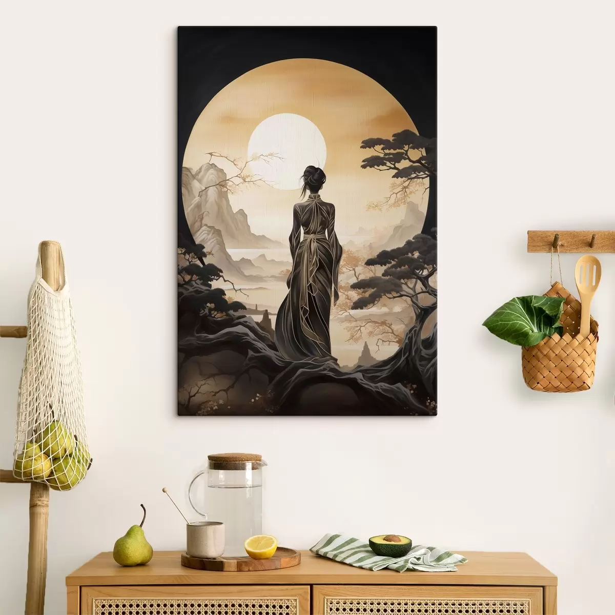 Glezna Cilvēki, Japāna, meitene saulrieta laikā uz sakuras un kalnu fona s43256