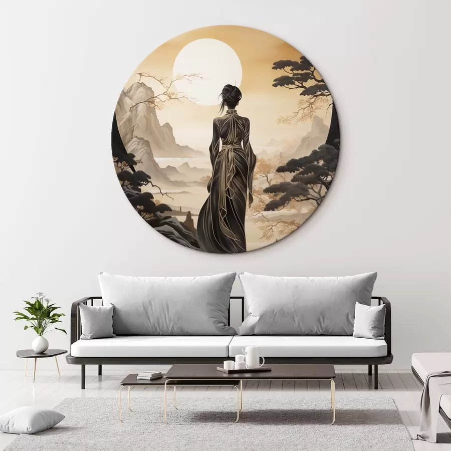 Glezna Cilvēki, Japāna, meitene saulrieta laikā uz sakuras un kalnu fona r43256