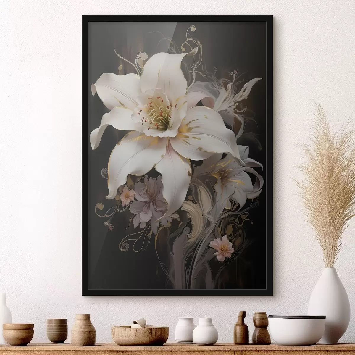 Plakāts Tuvplāna abstrakts lilijas zieds uz tumša fona f43254