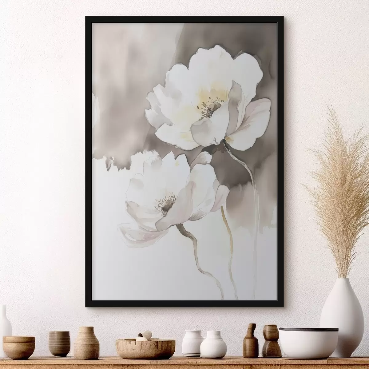 Plakāts Balti ziedi uz brūna fona akvareļkrāsas stilā f43297