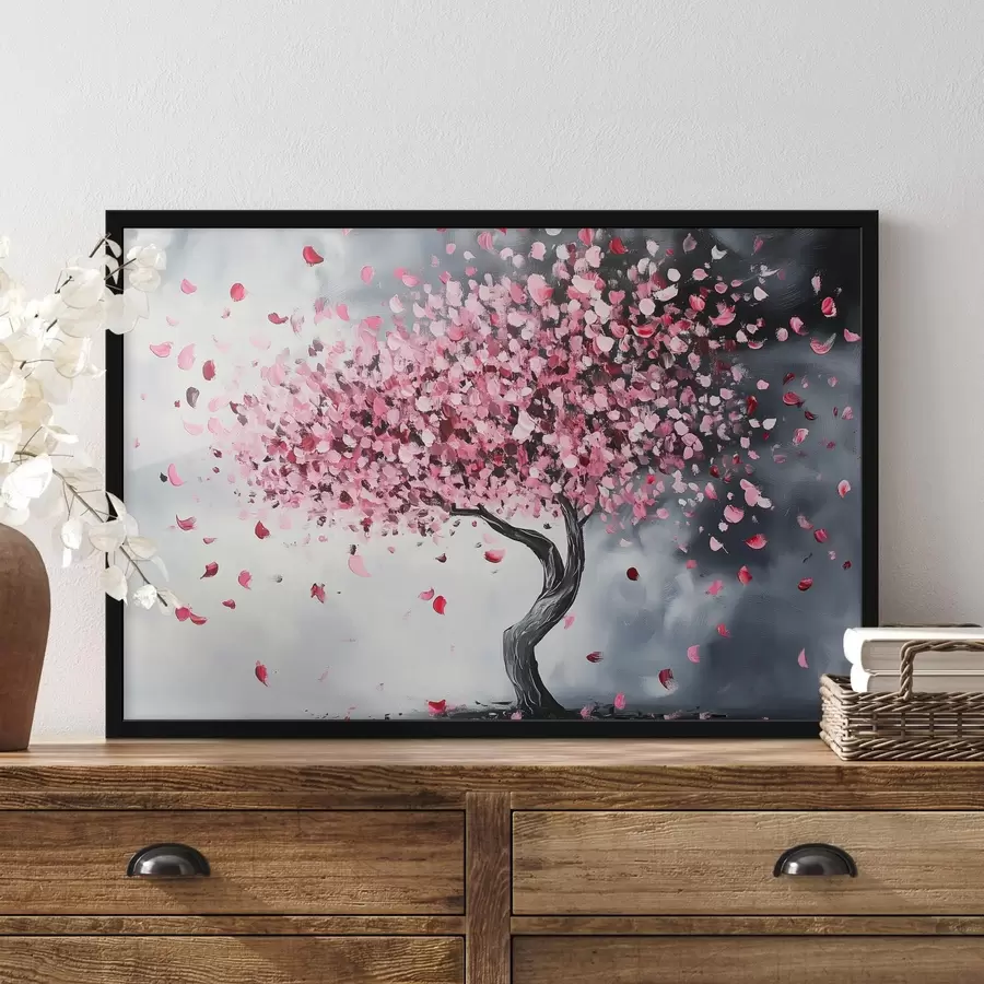 Fototapetes Rozā ziedošs koks uz pelēka fona f43299