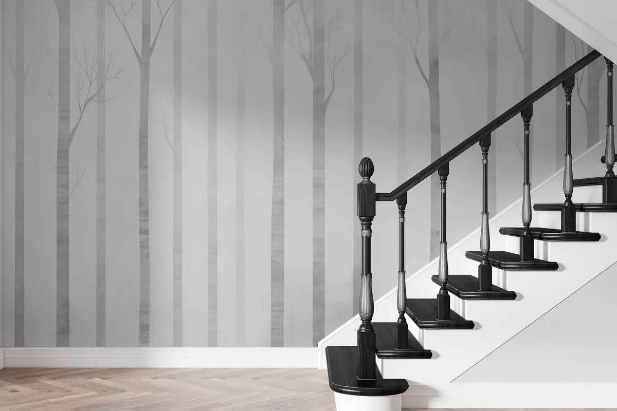 Fototapetes Koku stumbri miglā pelēkā gammā w03386