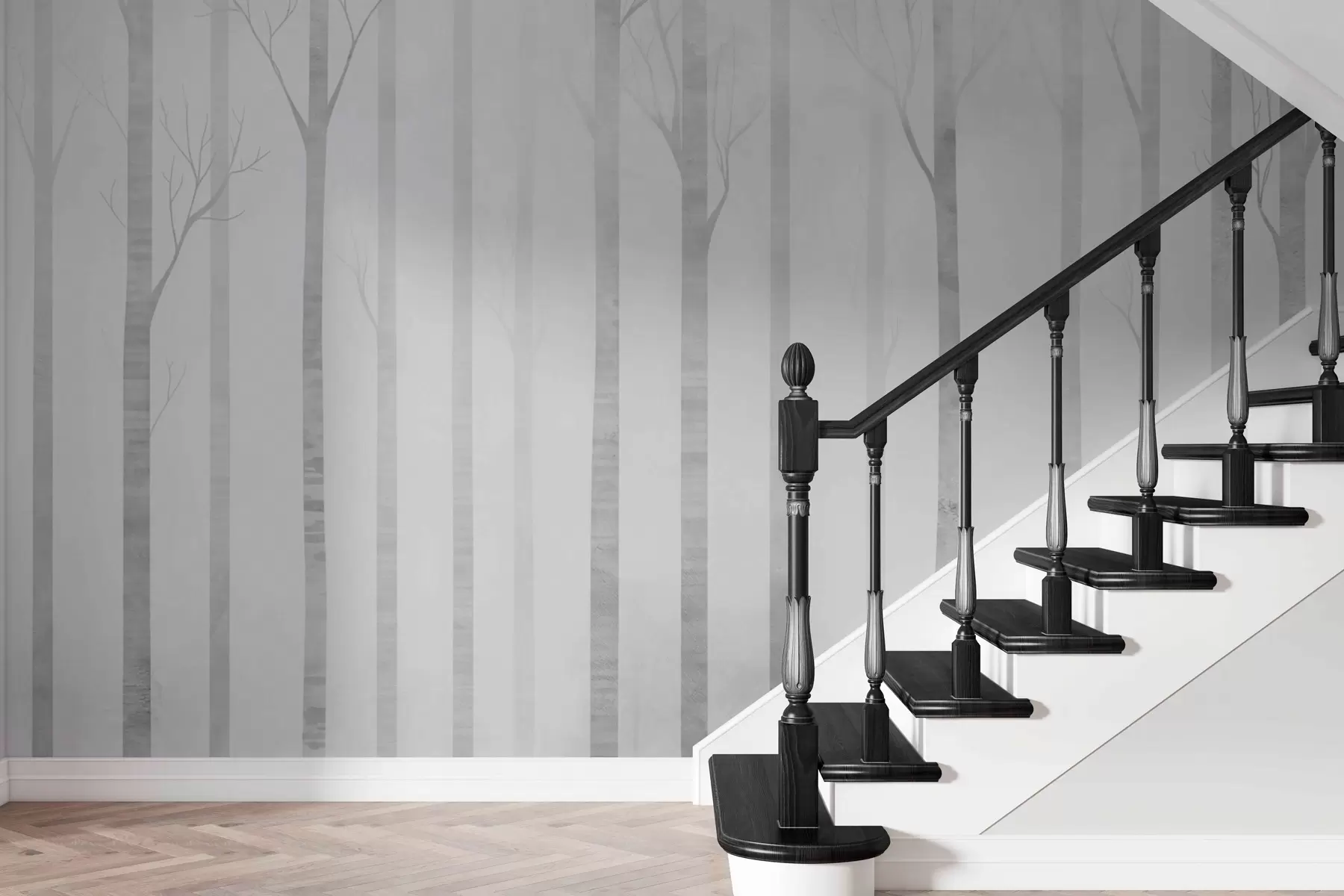 Fototapetes Koku stumbri miglā pelēkā gammā w03386