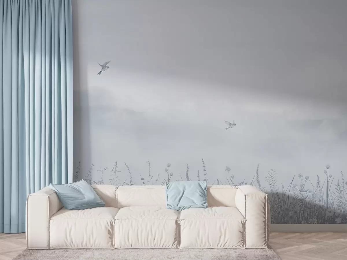 Fototapetes Savvaļas ziedi un miglainas debesis zilos toņos w03391v1