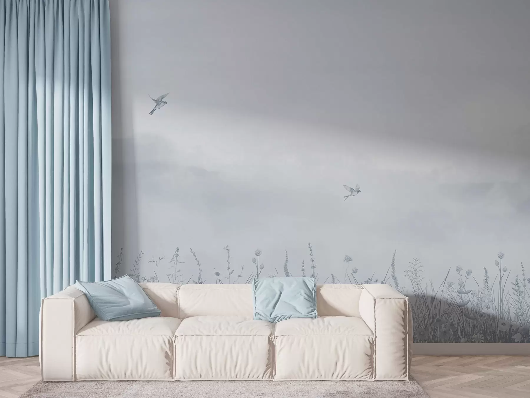 Fototapetes Savvaļas ziedi un miglainas debesis zilos toņos w03391v1