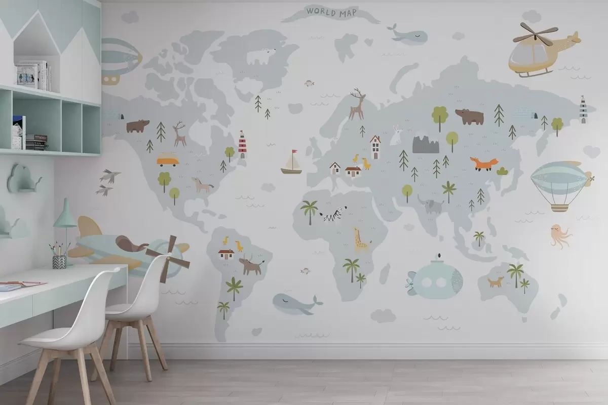 Fototapetes Bērnu pasaules karte ar dzīvniekiem un lidmašīnām w03392