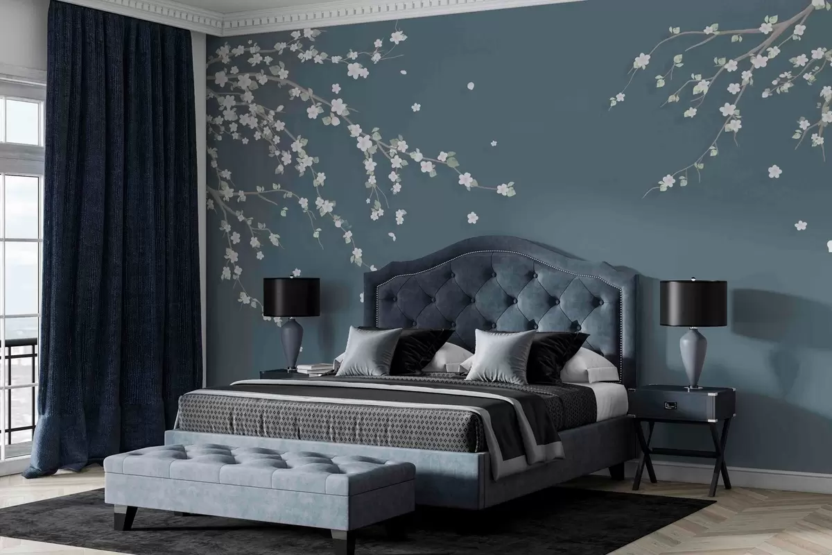 Fototapetes Ziedošs zars uz sienas fona zilā grunge stilā w03393v1