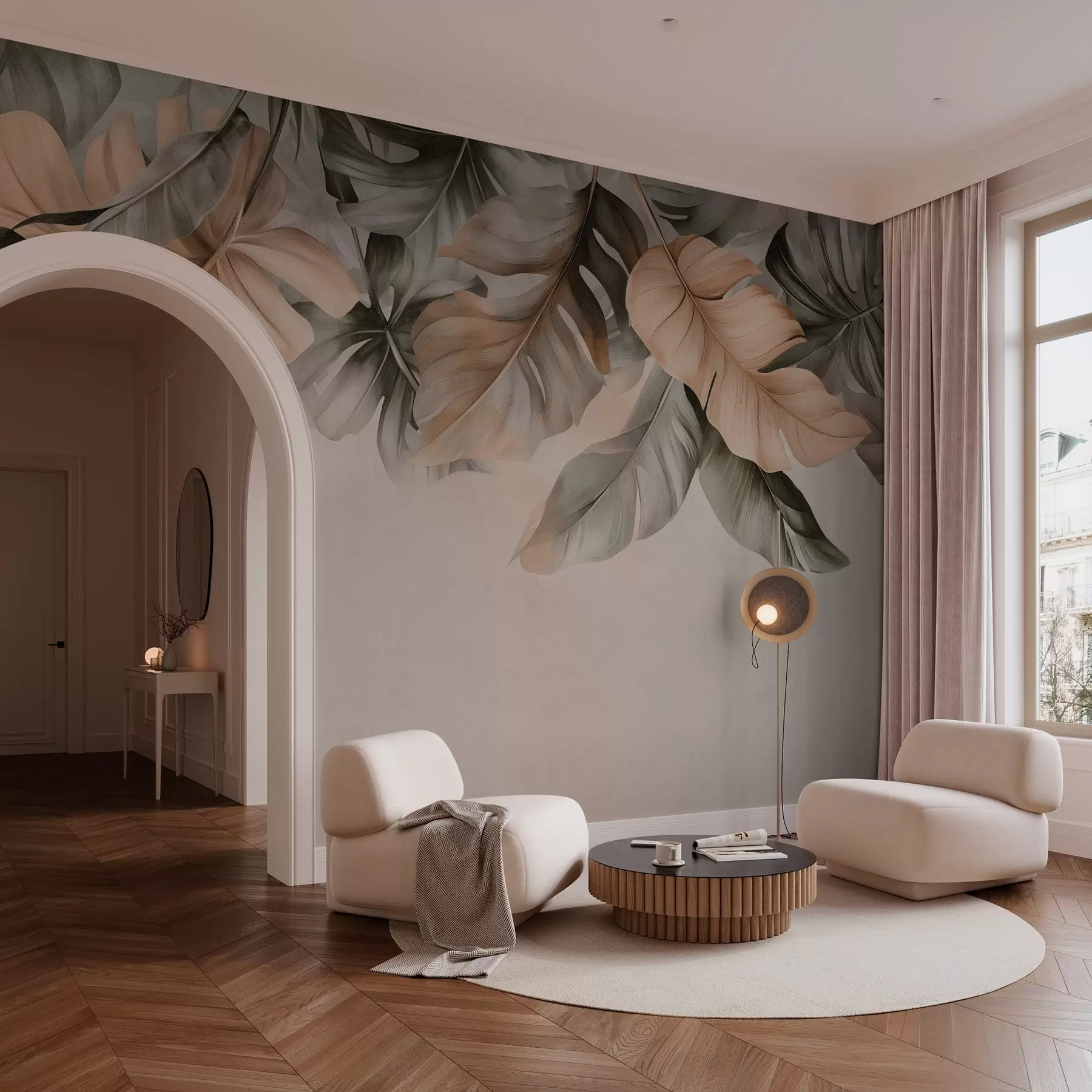 Fototapetes Tropu lapas karājas no augšas uz teksturēta fona w03290