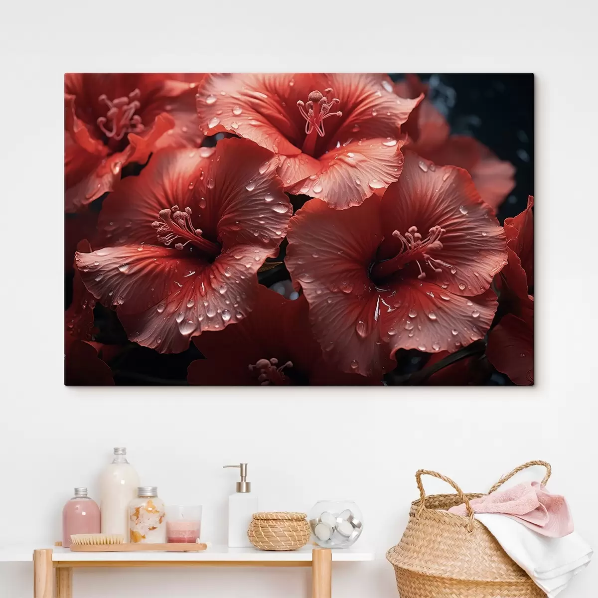 Glezna Sarkani ziedi ar rasu uz ziedlapiņām s43319